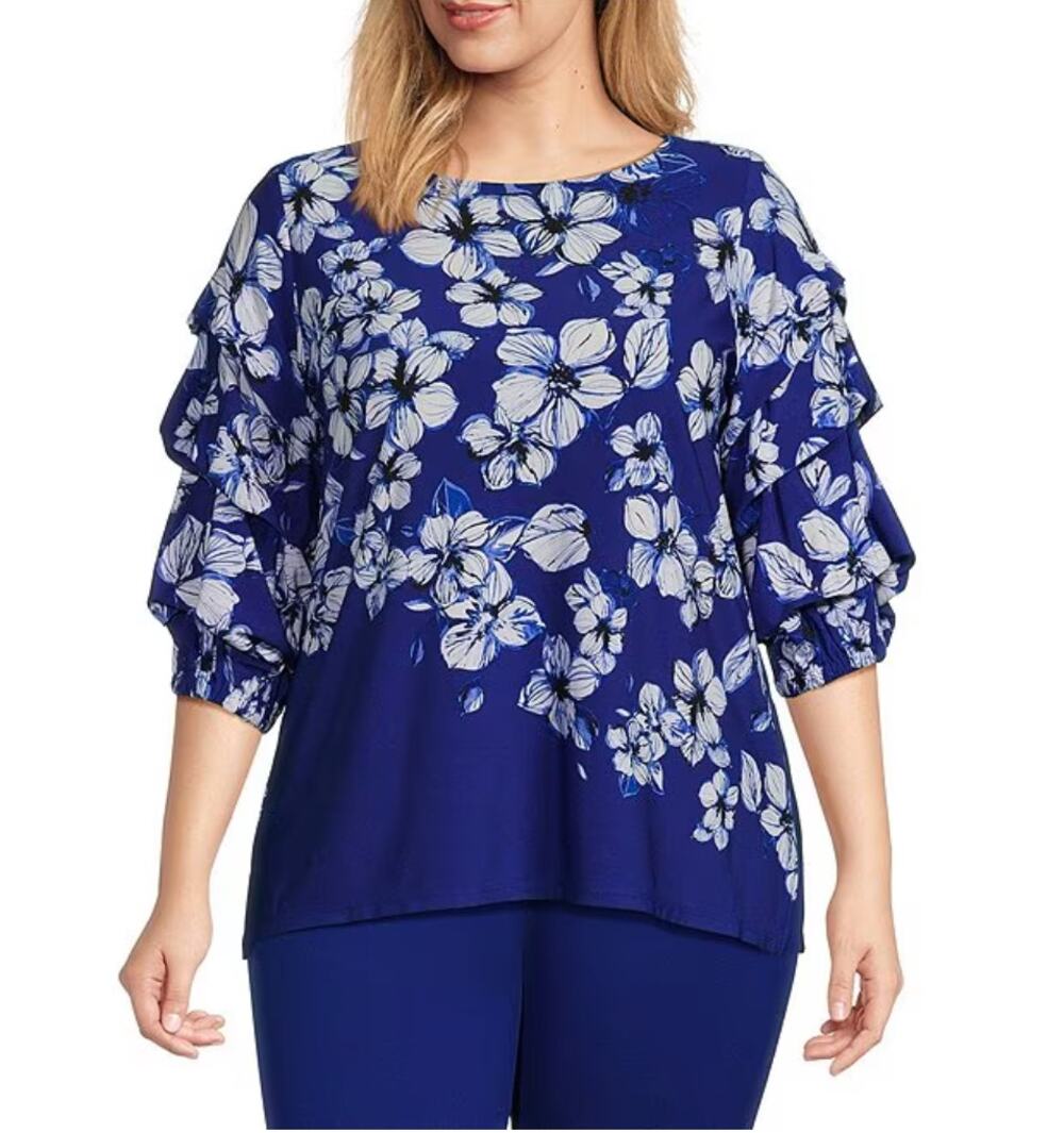 Slim Factor Investments Cascading Floral Print Tiered Sleeve Shirt Plus Size 2X